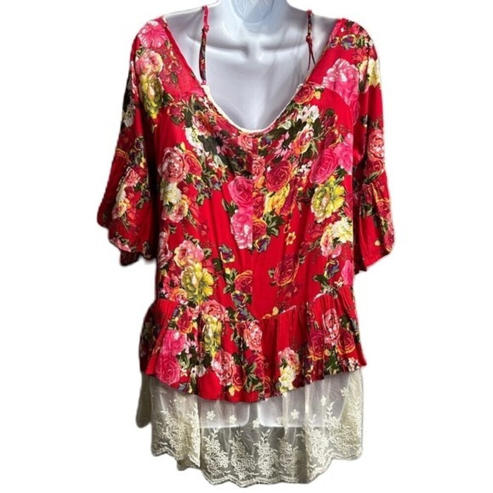 Umgee Floral Boho Top Size Large Blouse Cottagecore Lace Hem Flowy Women’s Top - Picture 7 of 16